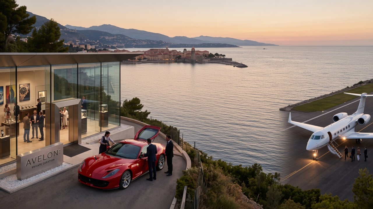 Avélon private curation salon with a red Ferrari and private jet on a Riviera coastline at dusk