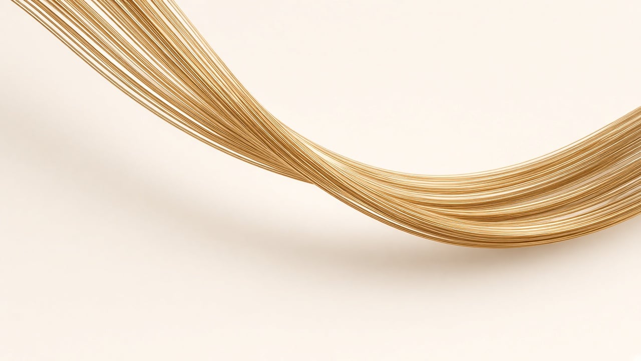 Abstract sweep of fine golden metallic strands on a soft ivory background